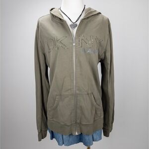 Y2K Rhinestone DKNY Jeans Zip-Up Hoodie in Olive‎ Green
